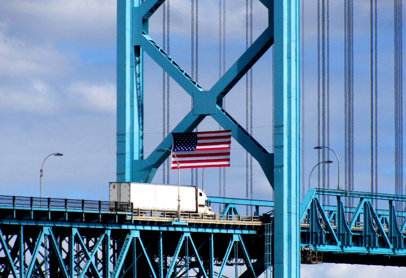 Transport truck crossing the Ambassador Bridge between Detroit, Michigan, United States, and Windsor, Ontario, Canada